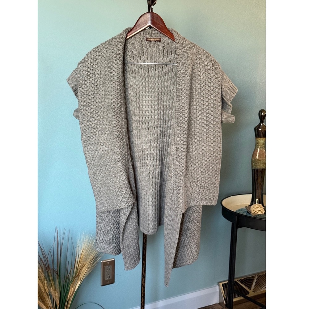 John Fashion Womens Grey Wool Blend Chunky Knit Open Front Cardigan Sweater L XL
